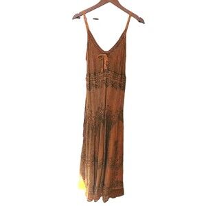 Sakkas Boho Maxi Dress 1X/2X Tan Embroidered Crinkle Cotton Rayon Elastic Bust